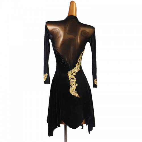 women Black with gold embroidered flowers diamond competition latin dance dresses rumba salsa chacha dance dress latin dance clothing for female